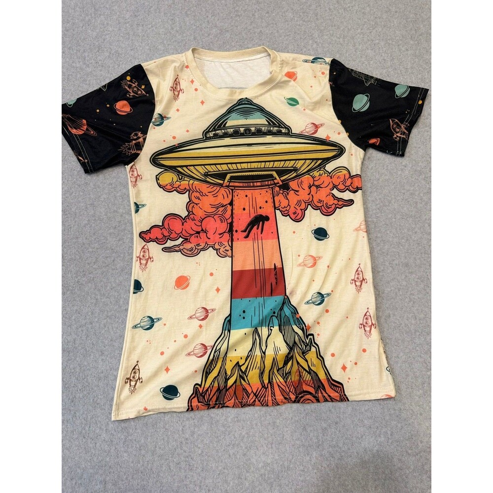 WOZORO Shirt Womens M UFO Get In Loser Graphic Short Sleeve Cream Multi Print